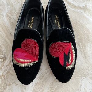 Saint Laurent Black Loafers love Red Heart Embroidery velvet leather shoes 36,5